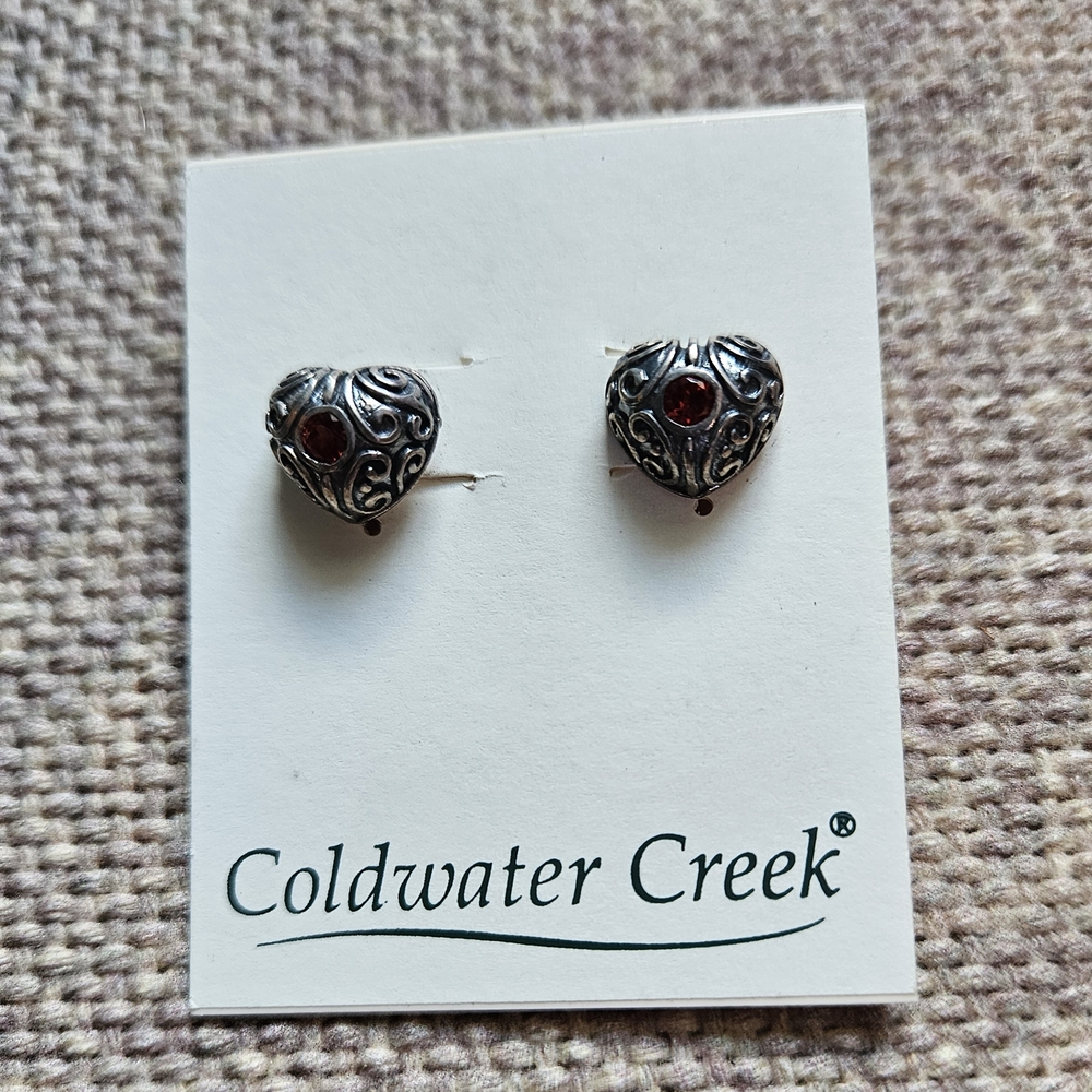 Coldwater Creek Silver Heart Earrings With Red Stone New With Tag Christmas Gift